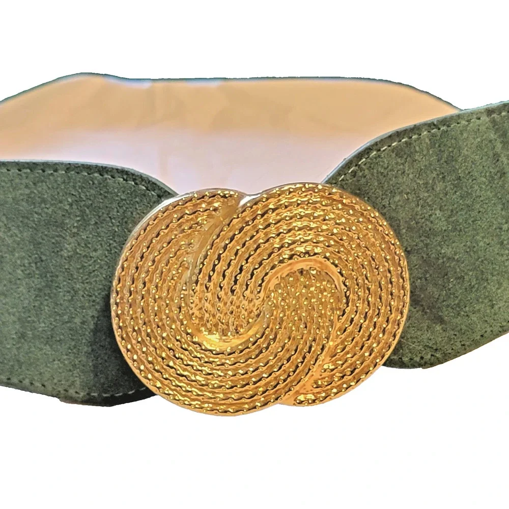 Vintage Wide Kelly‎ Green Suede Belt - 1980s Stretch Belt by Nan Lewis, Buckle
